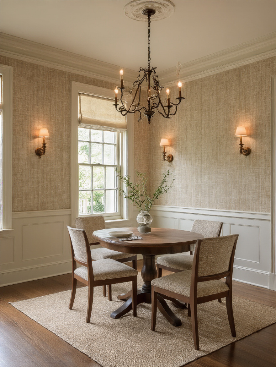Portrait of a dining room mood with wallpaper texture and warm lighting