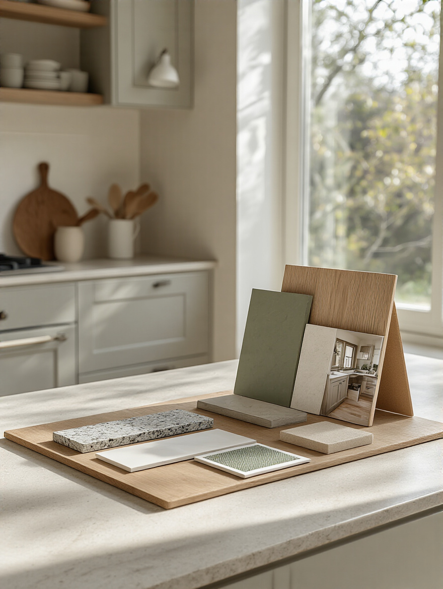 An organized design mood board with various material samples and inspirational images, illustrating the thoughtful process of kitchen mood definition and style selection for a cohesive kitchen design.