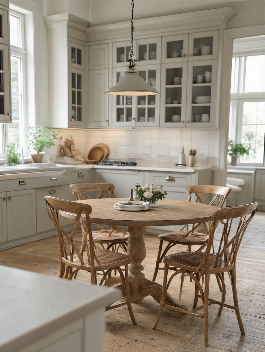Portrait shot of a kitchen table styled to reflect the kitchen's existing decor style