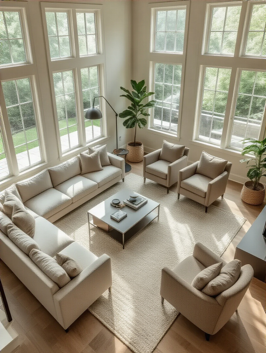 Modern living room showing distinct functional zones with an L-shaped sofa for conversation, a cozy reading chair with a floor lamp, and a minimalist media console for entertainment, all clearly separated by area rugs and viewed from an elevated professional wide-angle perspective under bright, natural light.