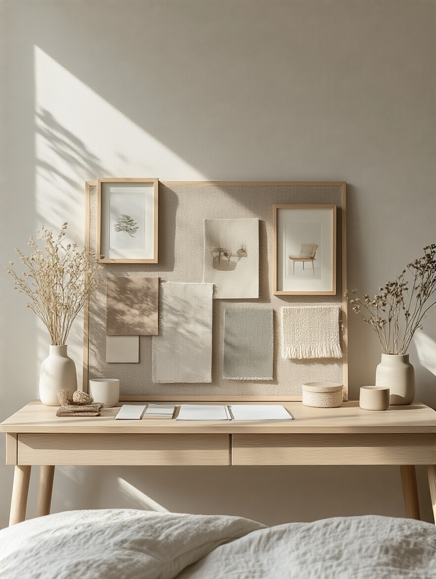 A mood board with color swatches and fabric samples on a small desk in a well-lit apartment bedroom, illustrating personal style and desired ambiance definition for small space design.