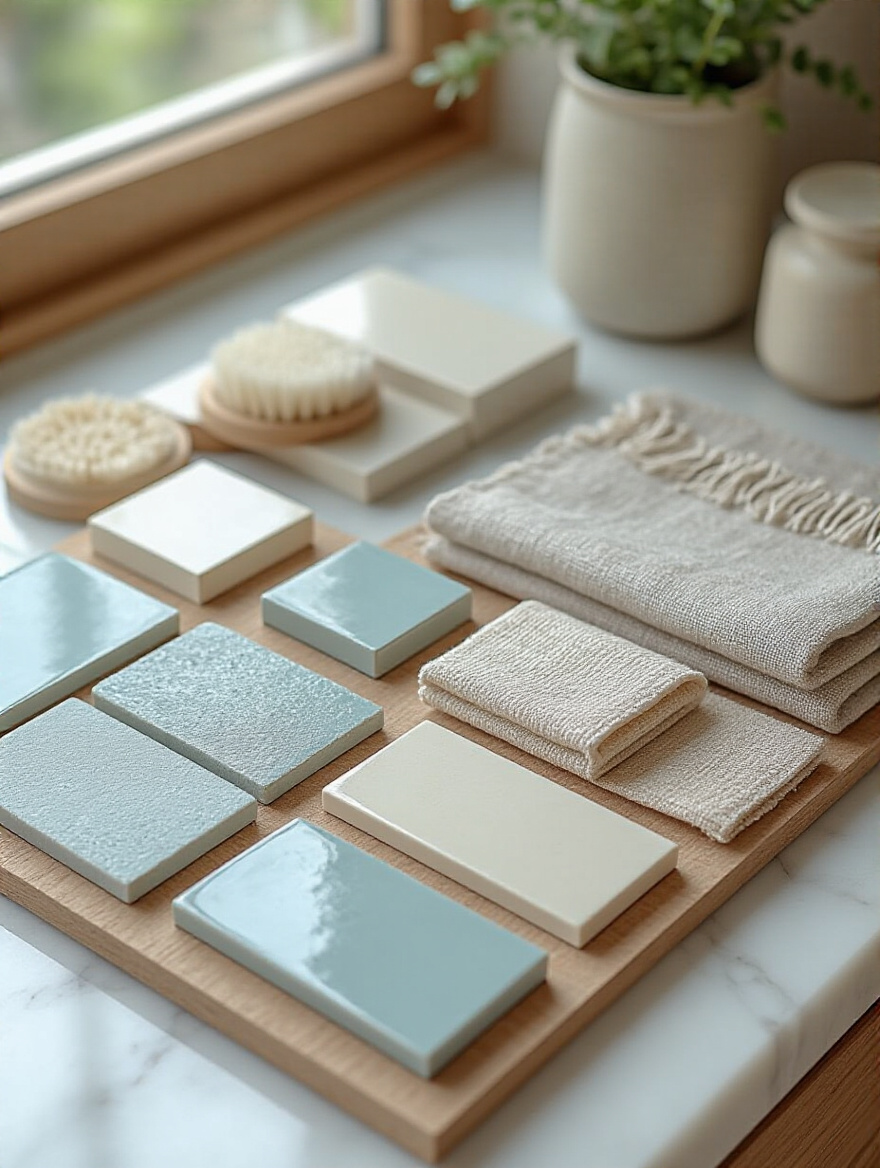 Arrangement of bathroom tile samples, paint swatches, and fabric textures on a countertop, symbolizing early design planning for a cohesive style and color palette.
