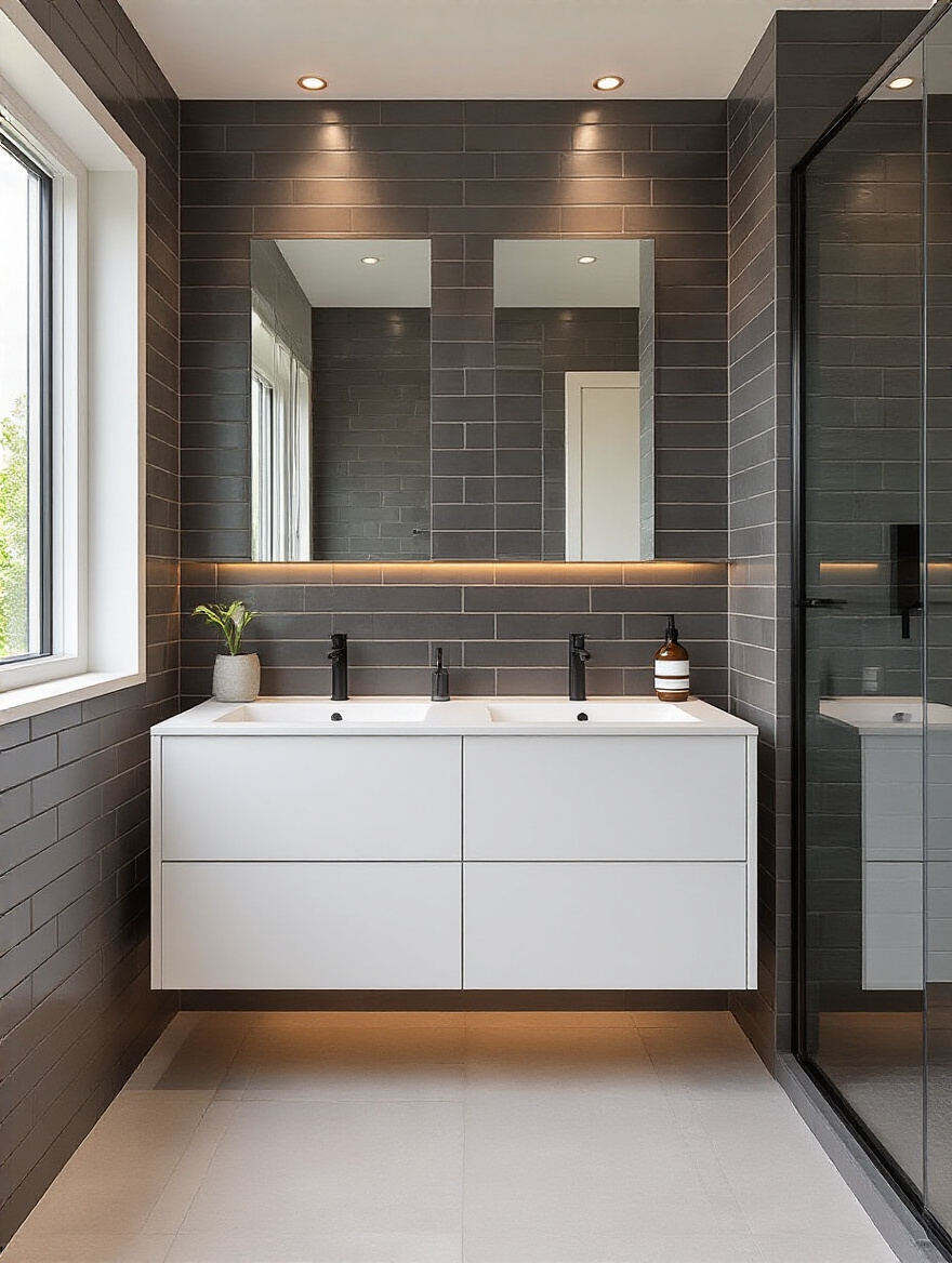 Modern bathroom featuring distinct zones defined by different bathroom tile textures, showcasing a matte textured shower tile next to a smooth polished porcelain floor.