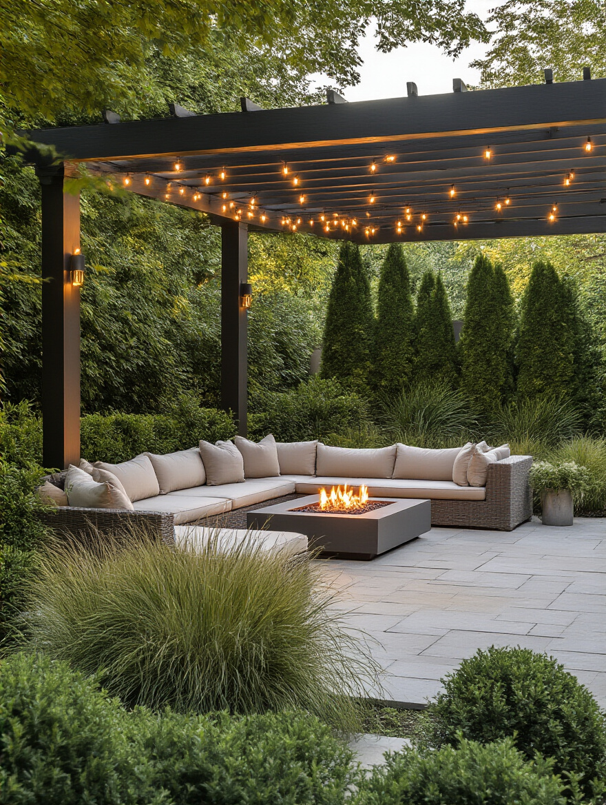 Luxurious outdoor living space with L-shaped sofa, fire pit, stone pavers, and lighted pergola, surrounded by lush greenery.