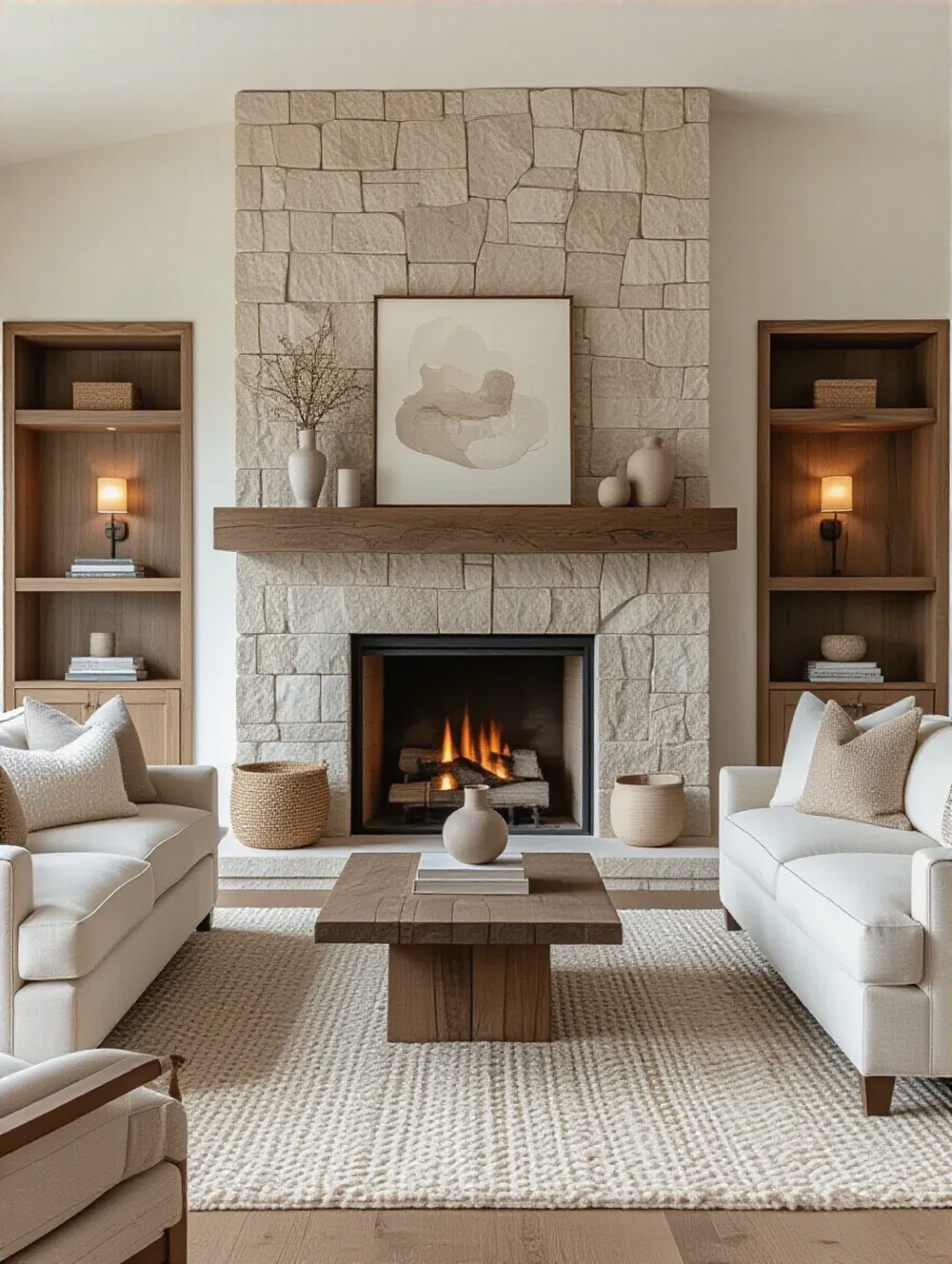 Cozy living room with a warm fireplace focal point and mantel styling