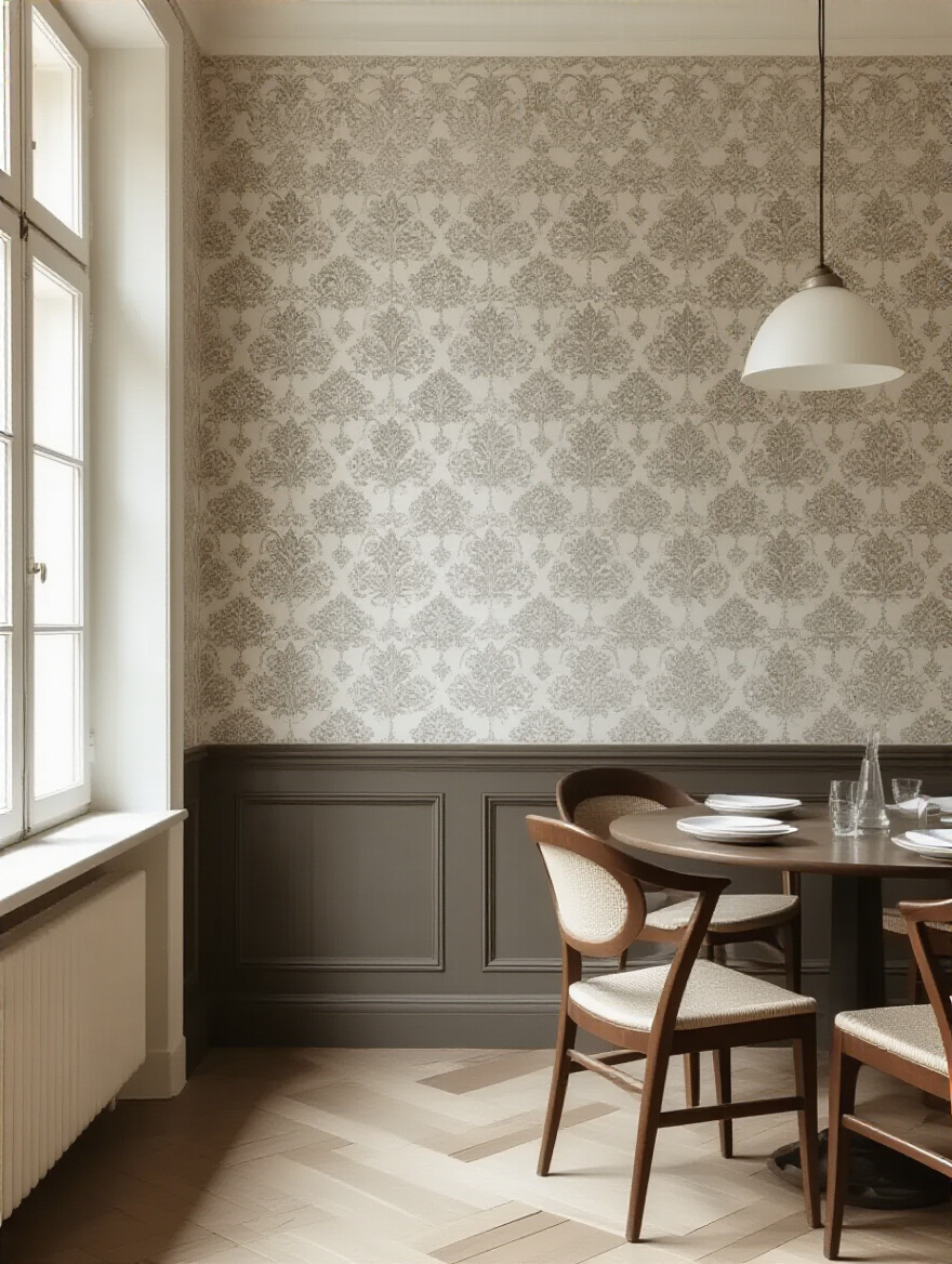 Dining room wall with elegant wallpaper and precise quantity planning