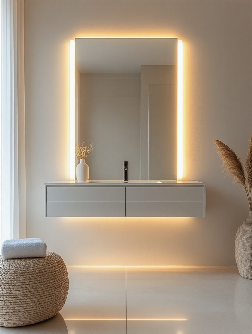 Modern bathroom vanity showcasing distinct task, ambient, and accent lighting zones for different functional and aesthetic needs.
