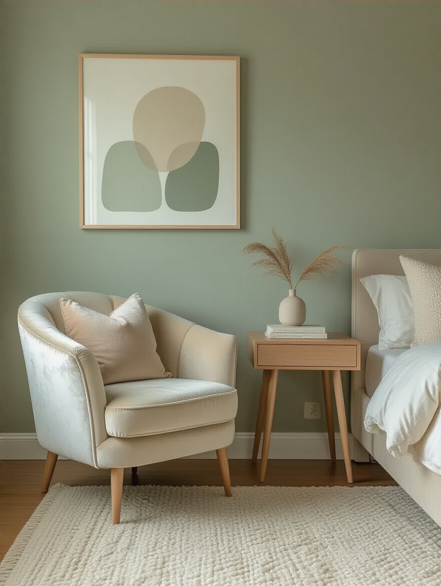 Teen girl's bedroom featuring a cohesive sage green and off-white color palette with natural wood accents, promoting a tranquil mood.