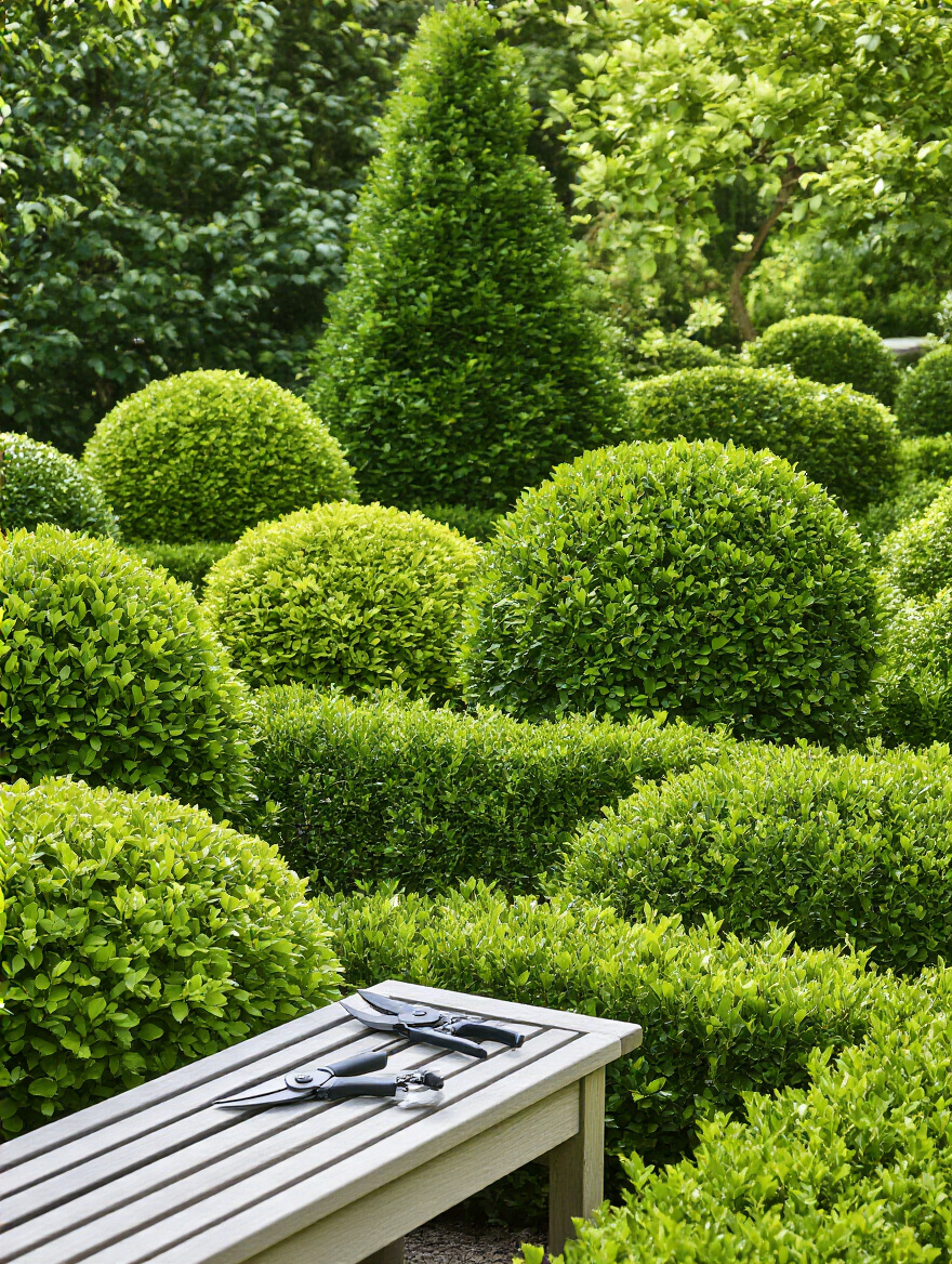 Lush garden with perfectly pruned shrubs and trees, showcasing vibrant foliage and healthy plant growth, implying a consistent pruning schedule. A pair of clean gardening shears is visible on a garden bench.