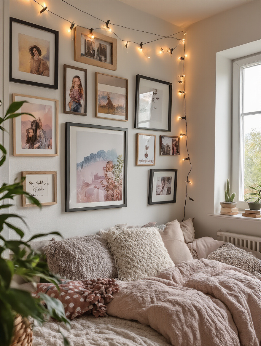 A portrait image showing a beautifully arranged gallery wall in a teen girl's bedroom, featuring various framed photos, artworks, and decorative lights, creating a personalized display of cherished memories.