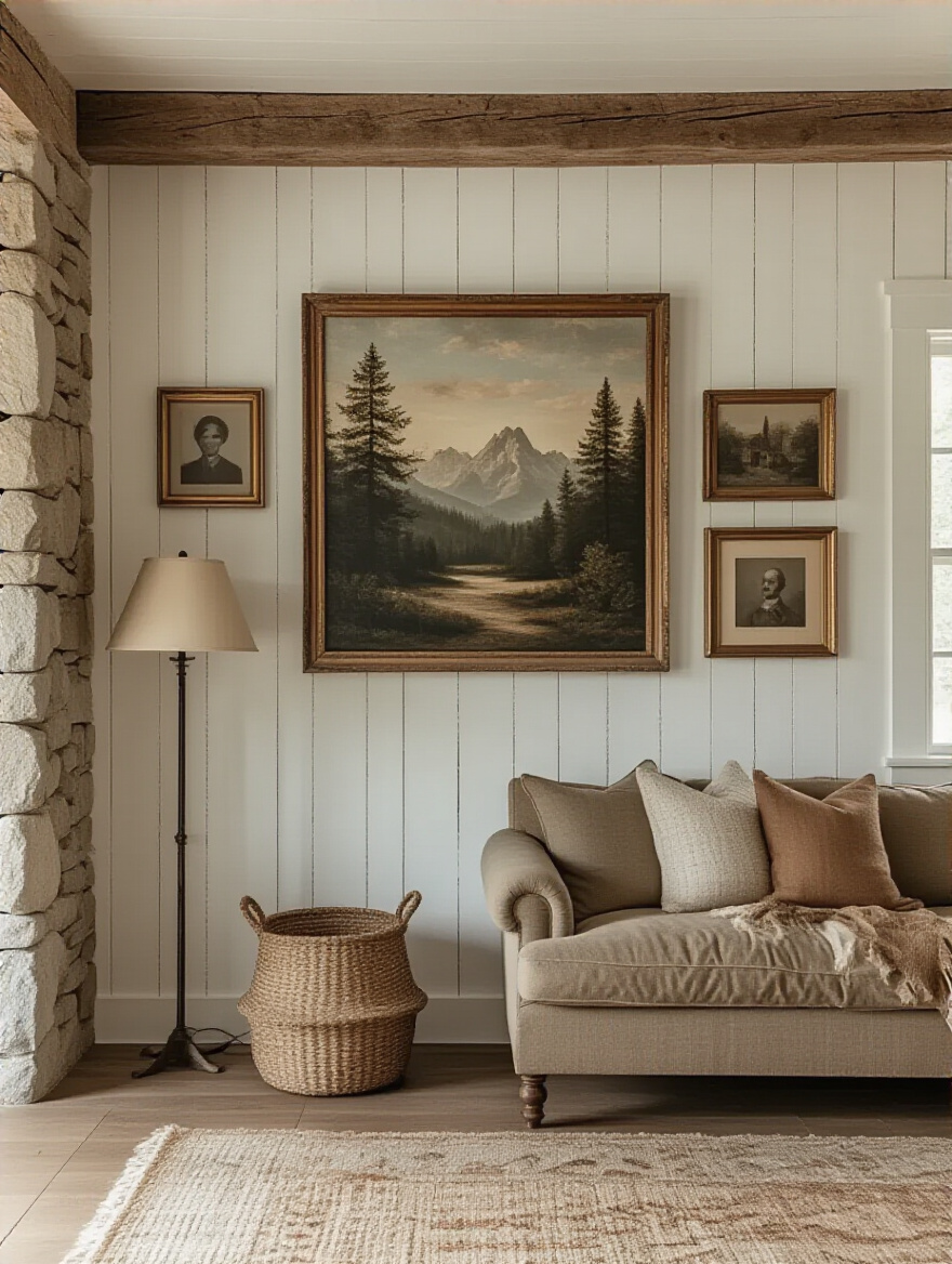 Portrait view of rustic wall gallery with nature-inspired artwork and vintage photographs
