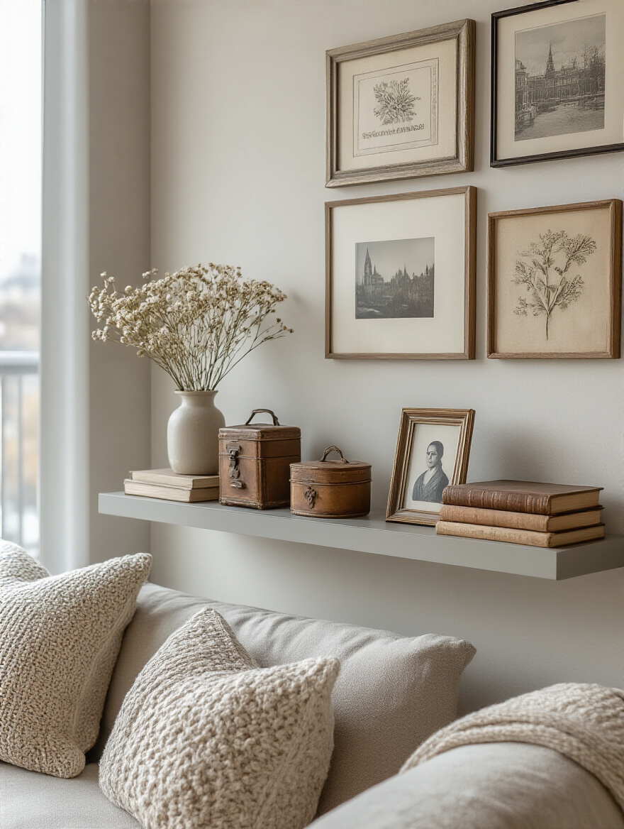 A curated display of personal mementos and collectibles in an apartment living room, including framed vintage postcards, travel souvenirs, and a pressed flower arrangement on a floating shelf and gallery wall.