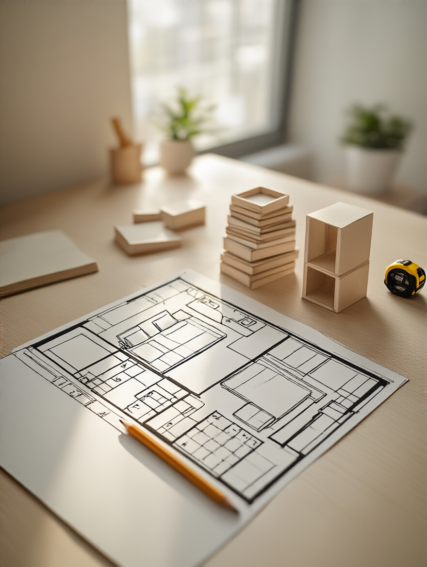 Overhead view of a minimalist workspace with a meticulously hand-drawn floor plan of a small bedroom, showing various scaled furniture cutouts being arranged, a pencil, and a tape measure, bathed in soft, natural light, emphasizing spatial planning for efficient furniture layouts.