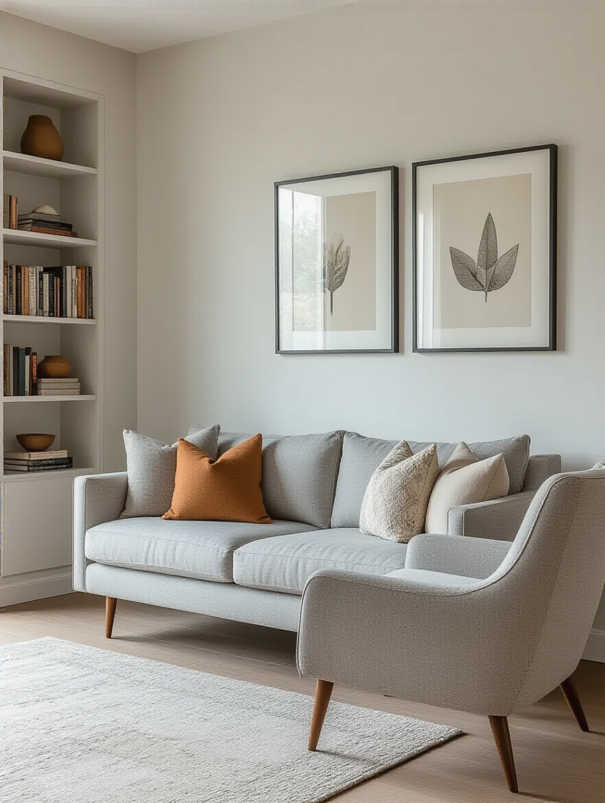 A small living room featuring modern furniture with visible legs, like a gray sofa and armchair, alongside tall, narrow shelving and vertically arranged wall art, illustrating how legged furniture and vertical elements create visual spaciousness.