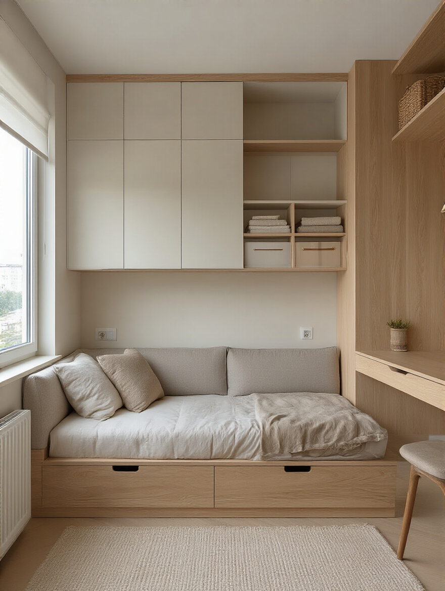 Portrait of a compact bedroom showcasing storage bed and sofa bed in a space-saving setup