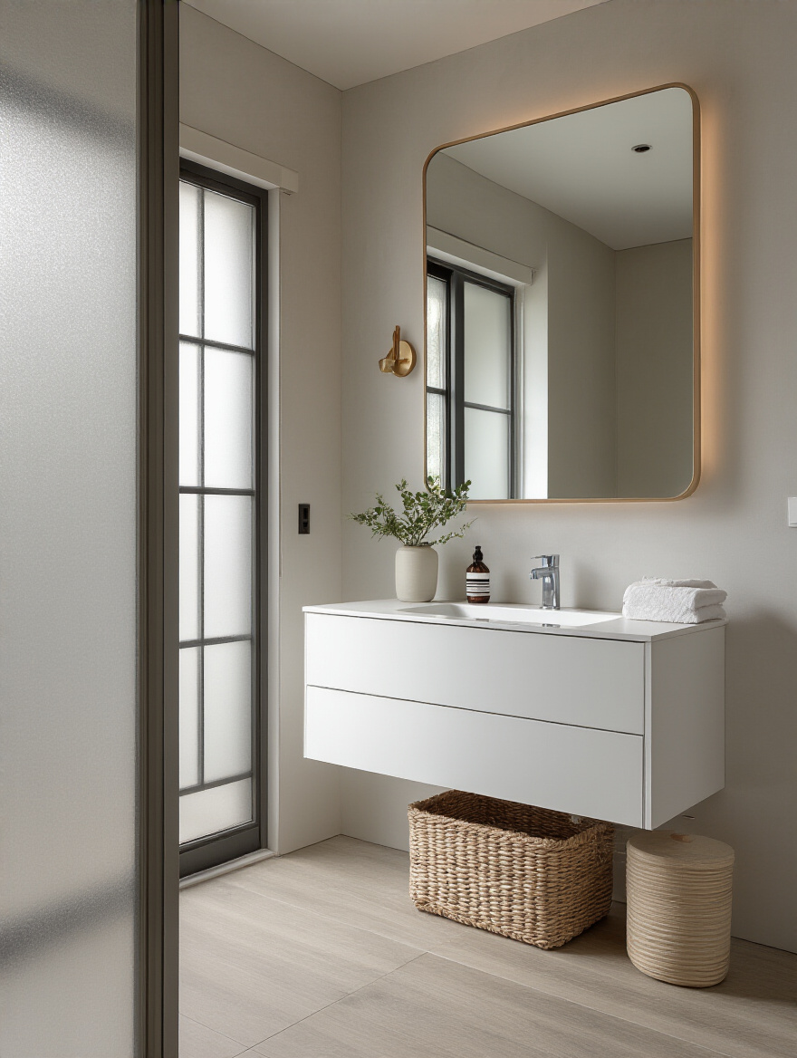 Tiny bathroom with a minimalist aesthetic featuring a floating vanity and hidden storage