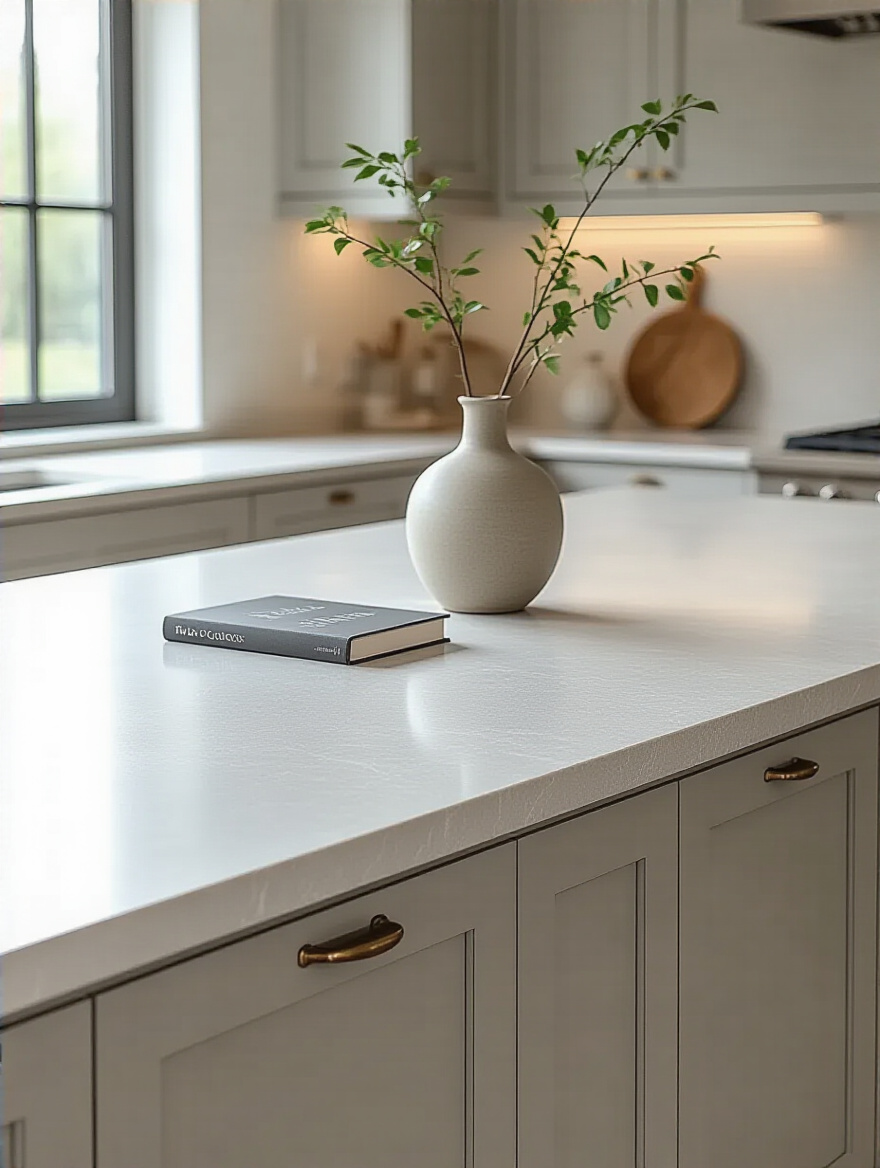 Elegant kitchen with a light grey quartz countertop, demonstrating the timeless appeal and versatility of classic neutral countertop colors in a sophisticated setting.