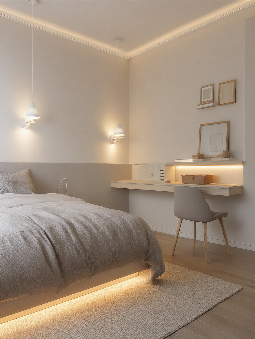 Portrait view of a small bedroom with layered lighting zones