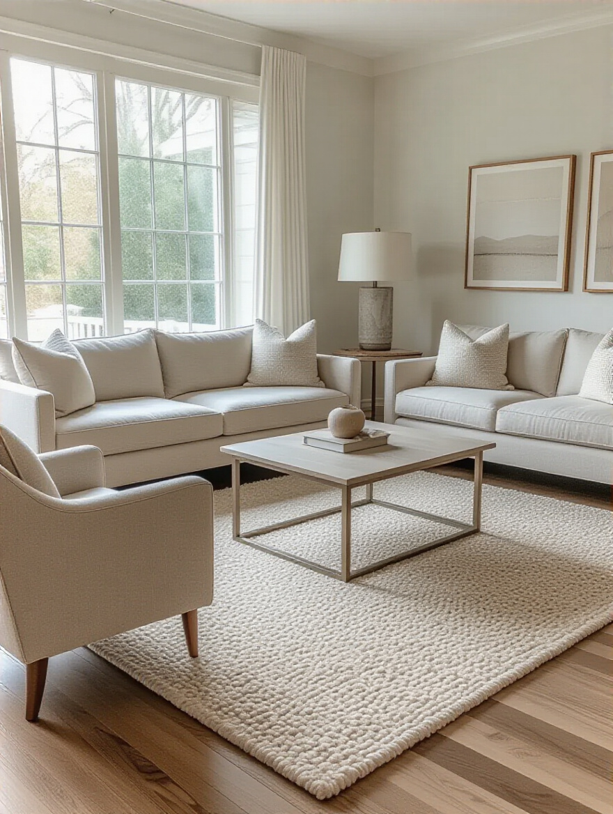 Elegant living room featuring a spacious 8x10 neutral area rug, which successfully anchors a sofa and two accent chairs. The arrangement highlights proper rug placement for defining a seating area.
