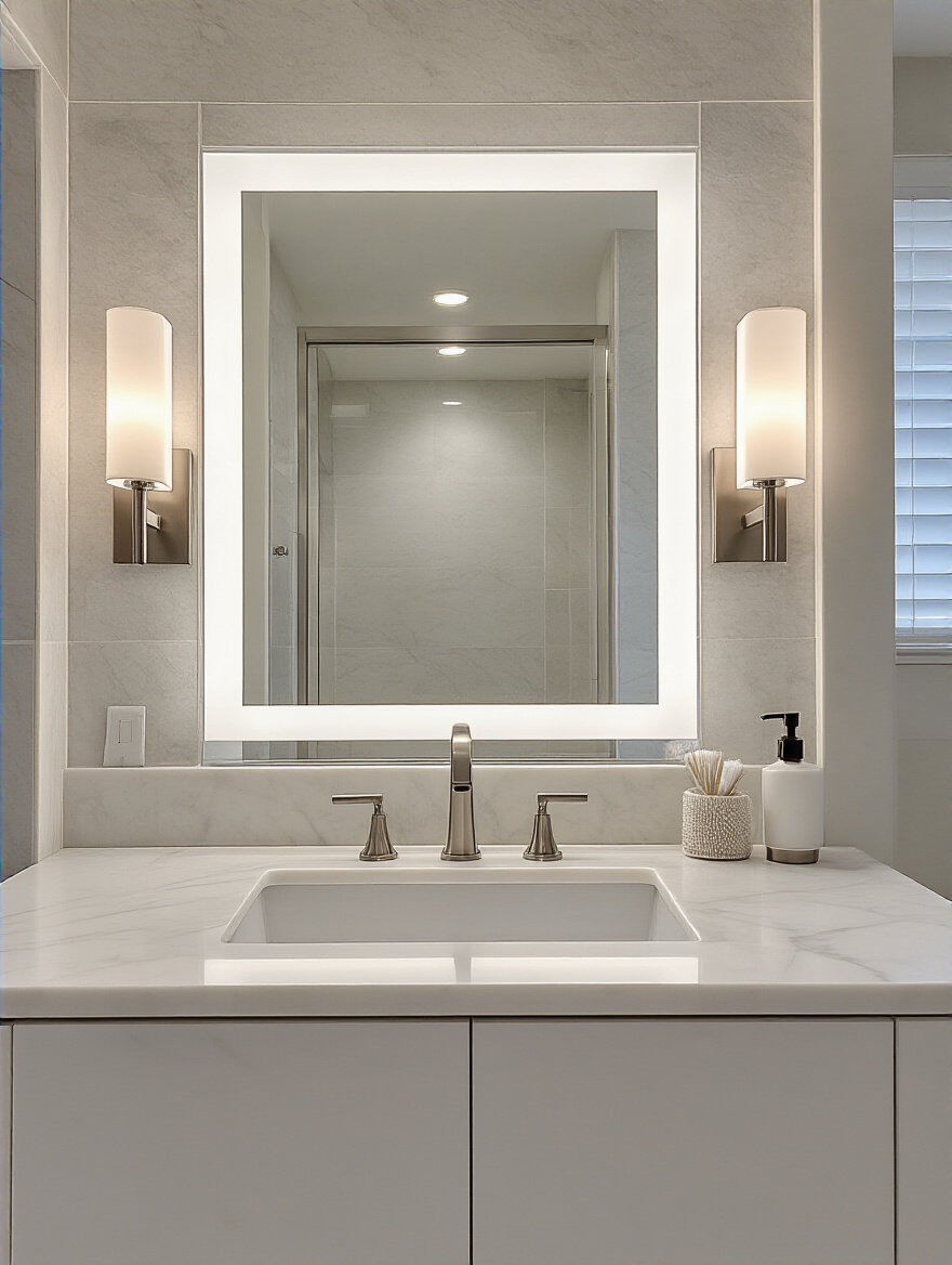 A modern bathroom vanity with perfectly spaced vertical light sconces, illustrating uniform light distribution across the mirror and countertop.