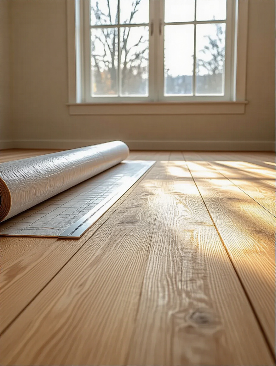 A perfectly clean and level subfloor with an uncoupling membrane partially installed, demonstrating ideal subfloor preparation for kitchen floor tiling.