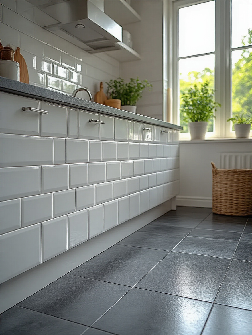 A gleaming kitchen backsplash with white subway tiles and clean grout, illustrating a successful tile cleaning routine.