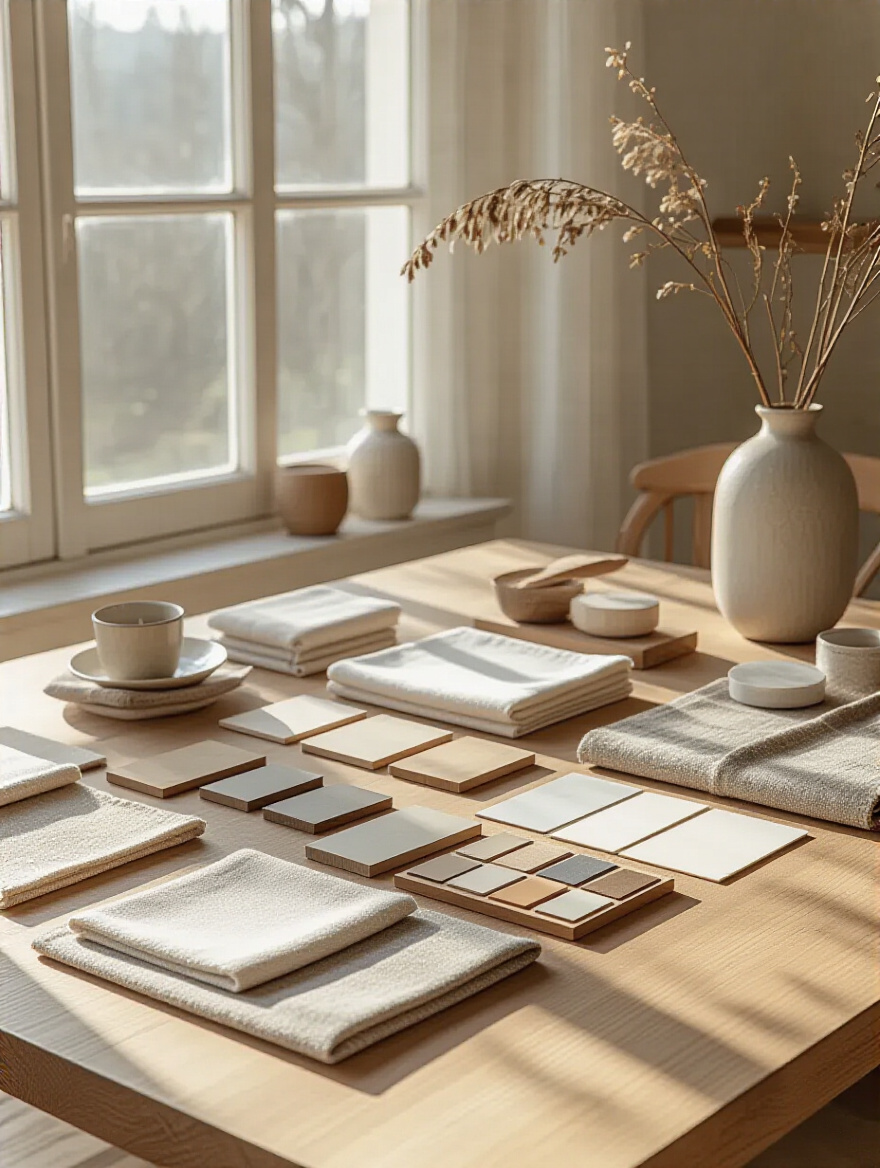 Portrait mood board showing core color palette and materials for kitchen table decor