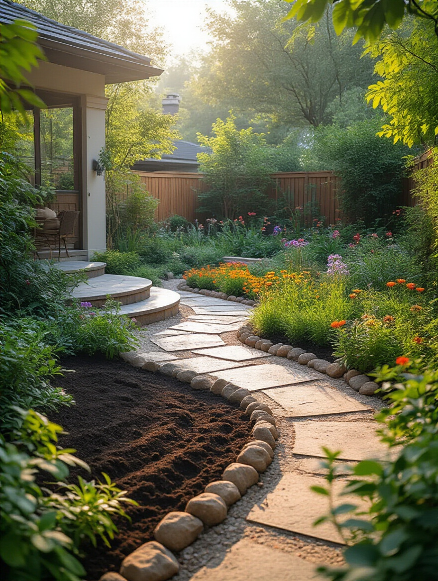 Planned backyard garden with distinct, phased development zones, showcasing organized growth and strategic implementation of landscaping elements.