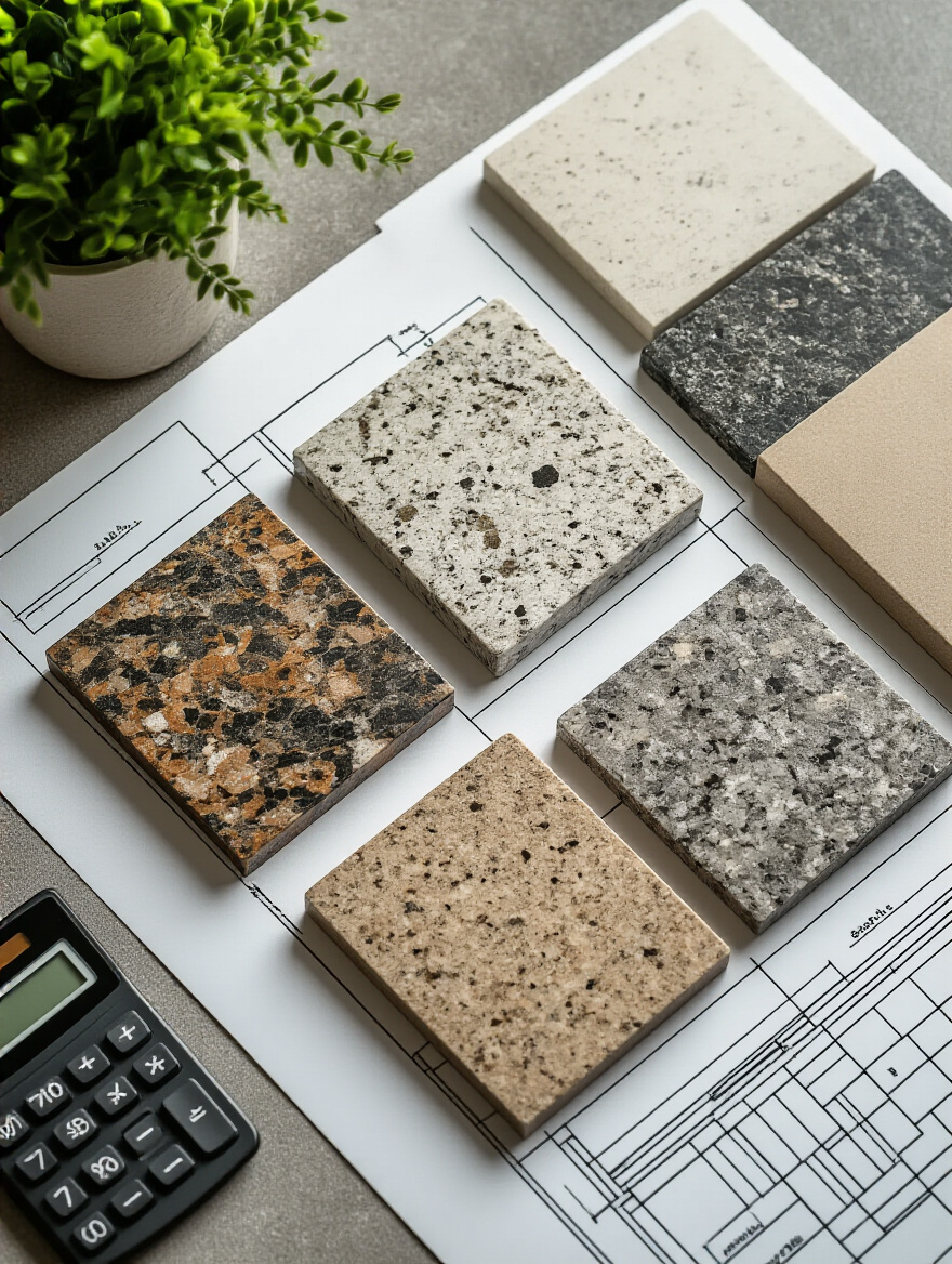 Variety of kitchen countertop material samples, including granite, quartz, and laminate, arranged on a kitchen plan, symbolizing thoughtful budgeting and material selection.