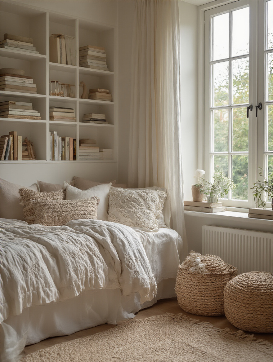 A meticulously designed and cohesive teen girl's bedroom corner with a stylish bookshelf and a well-made bed, symbolizing smart planning and budgeting.