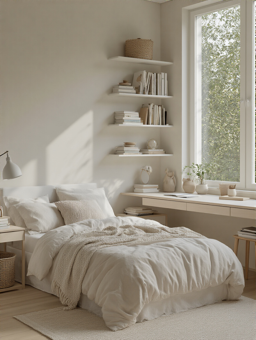 Neatly organized teen girl's bedroom with clear storage, soft natural light, and a calm, tidy atmosphere, representing an effective decluttering routine.