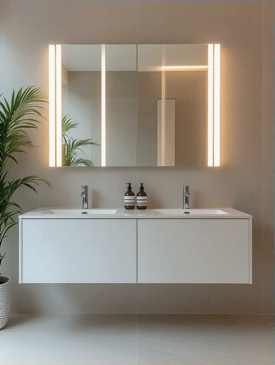 A comparison photo of two modern bathroom vanities, one with vertical light bars providing even illumination, and the other with a horizontal sconce above the mirror showcasing different light distribution for bathroom vanity lighting.