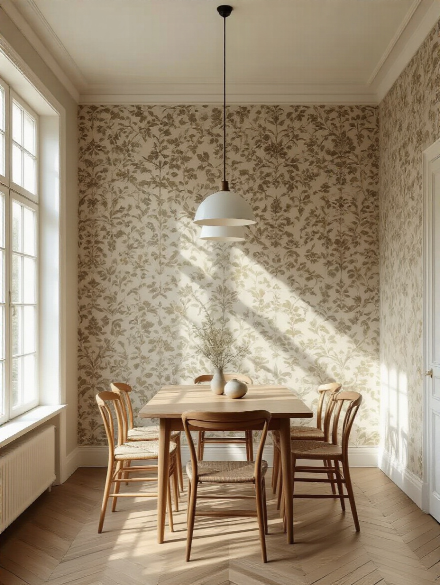 Portrait of a dining room showing wallpaper and daylight, highlighting space and color.