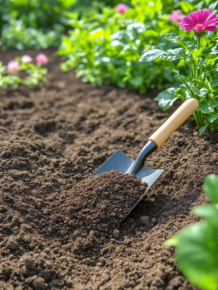 Rich, dark soil being amended with compost in a thriving garden bed, healthy plant roots visible, surrounded by vibrant green foliage and colorful flowers, signifying robust soil health and plant vigor.