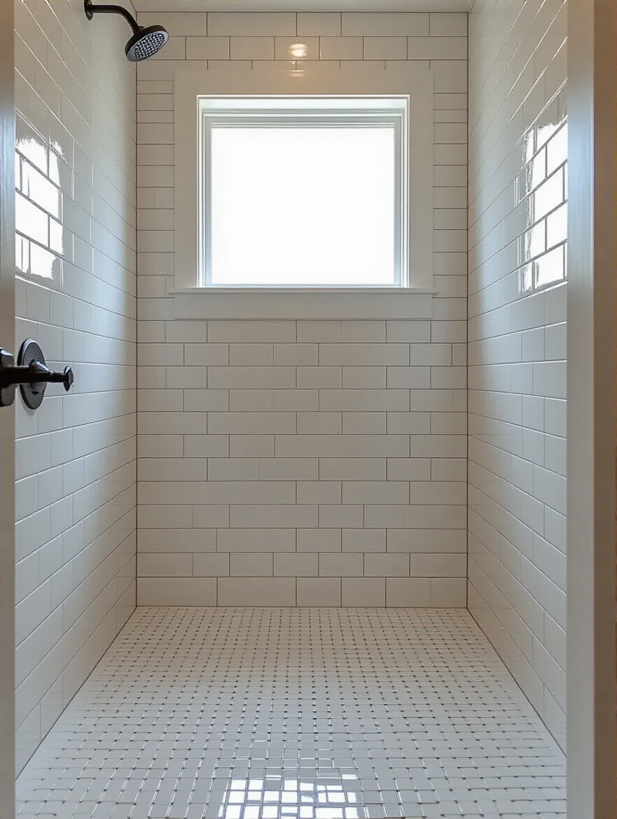 Modern bathroom showcasing white subway tiles installed in a herringbone pattern on the shower wall and floor, creating a sense of luxury and increased visual space. No people.