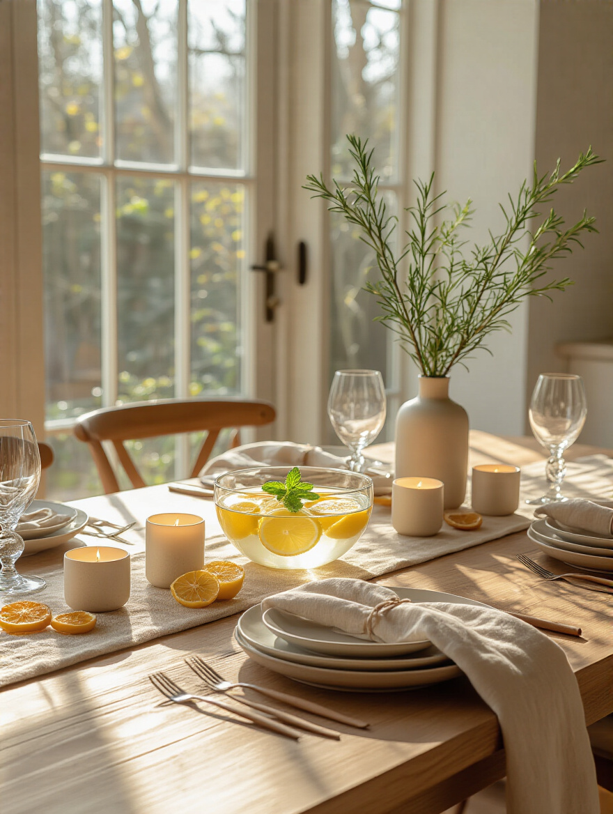 Scented herbs and citrus centerpiece on a kitchen table