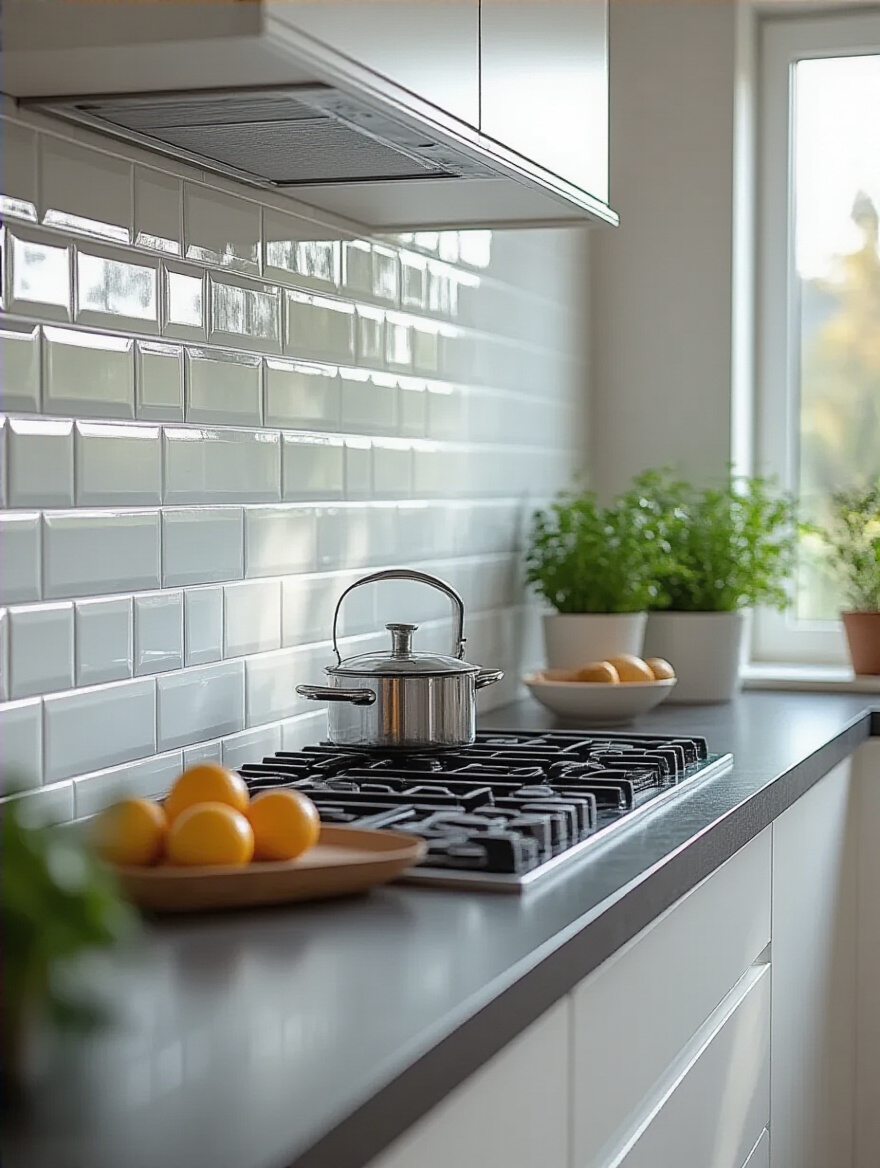White ceramic subway tile backsplash in a modern kitchen, illustrating versatile and cost-effective kitchen design