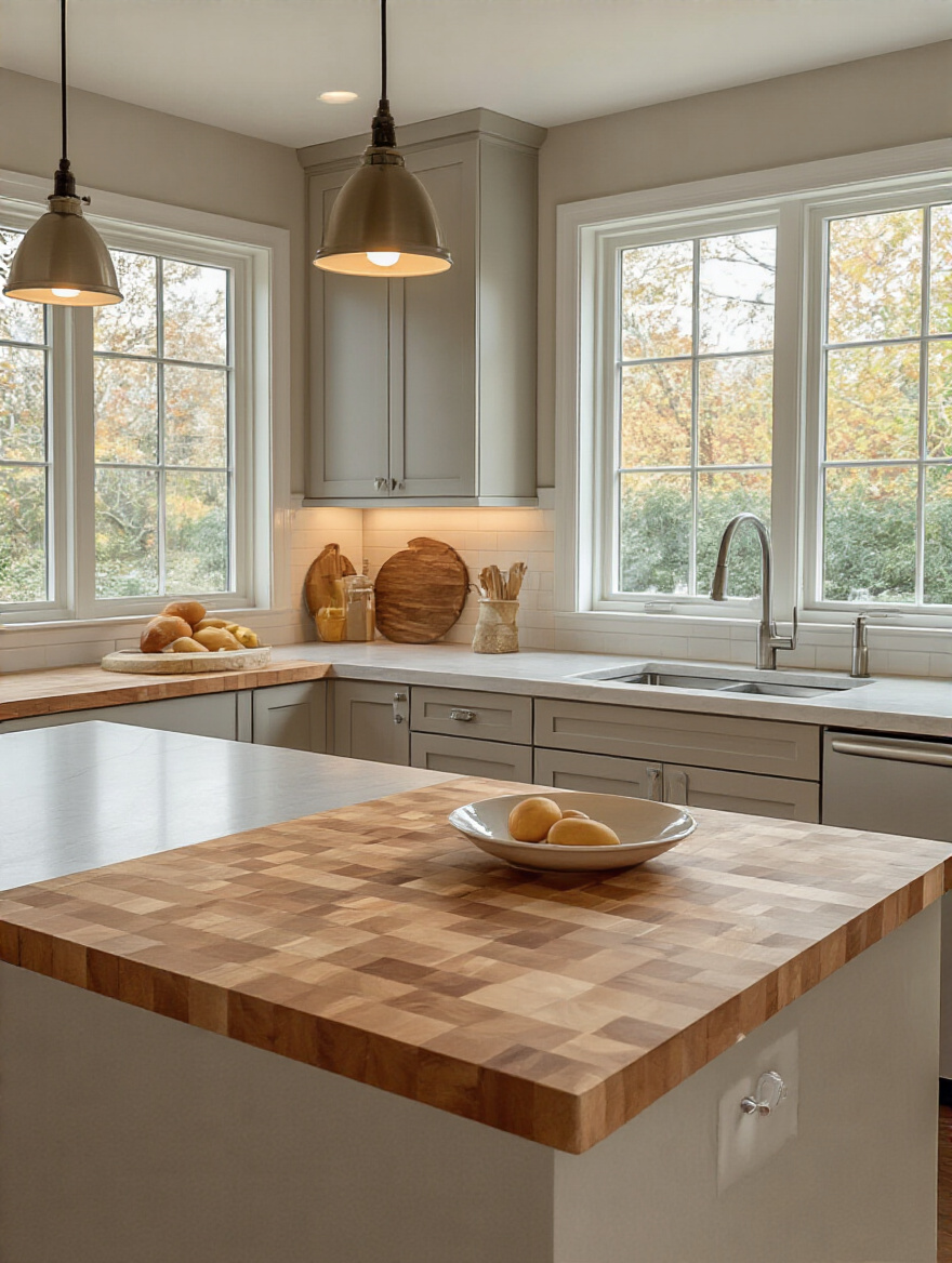 Portrait view of laminate and butcher block countertops in a modern kitchen