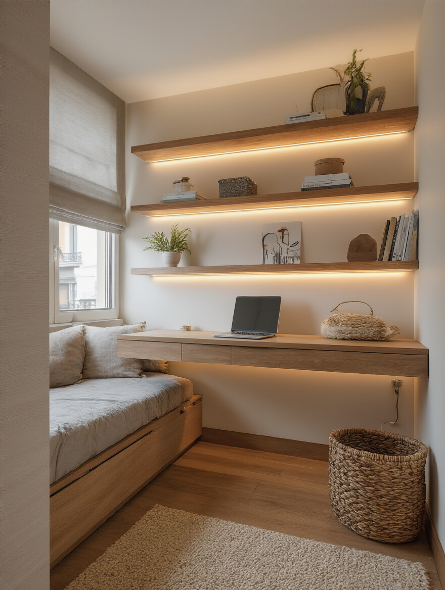 Portrait image of a small bedroom corner with wall-mounted floating shelves and an integrated desk unit.