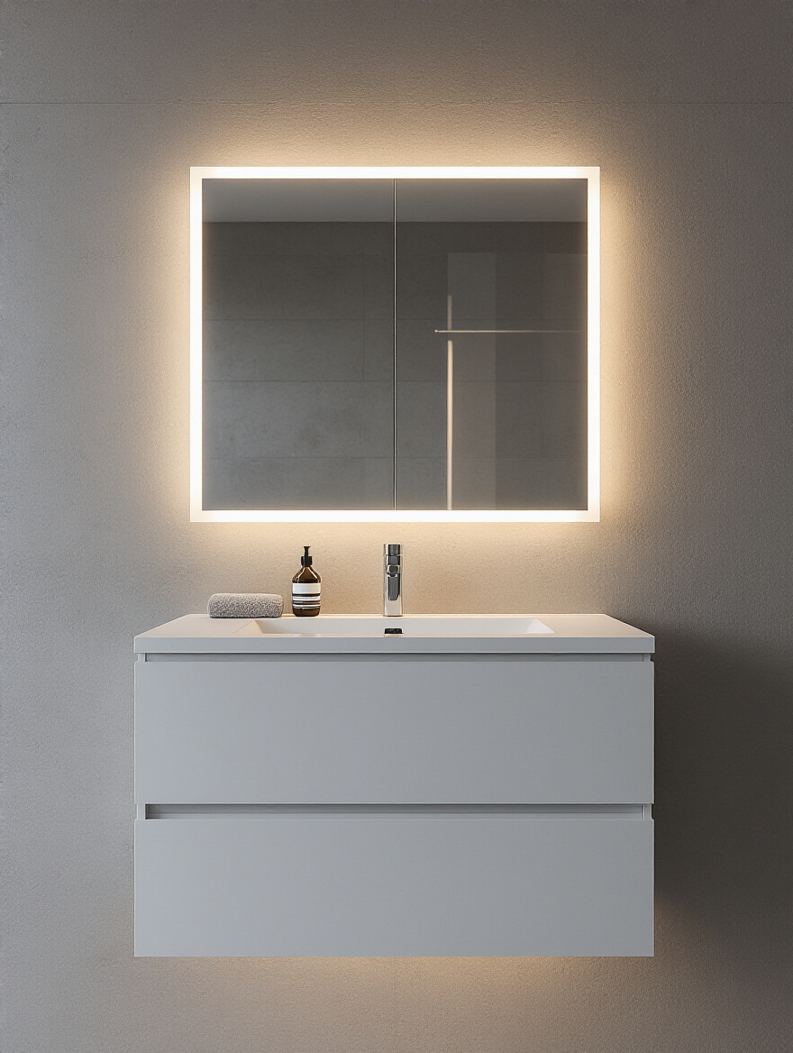 Professional photo, full scene, no people. A sleek, minimalist bathroom vanity with a large mirror, illuminated by modern integrated LED fixtures. The LEDs emit a soft, even, and flattering light (3500K CCT) that perfectly illuminates the countertop and sink area, eliminating shadows on the wall and vanity surface. The fixtures themselves are seamlessly integrated, with thin profiles, showcasing their clean design and advanced technology. Soft ambient lighting fills the bathroom, enhancing the clean and serene atmosphere. A well-placed simple ceramic planter with a green plant sits on the counter. The photo is taken from a slightly elevated eye-level angle, capturing the reflective surfaces and the warm glow of the lighting. Crisp focus, high dynamic range, luxurious modern bathroom, sophisticated design.