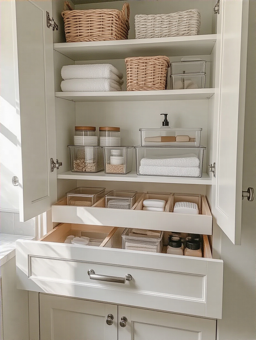 Under-sink storage organized with tiered shelves and clear bins in a small bathroom