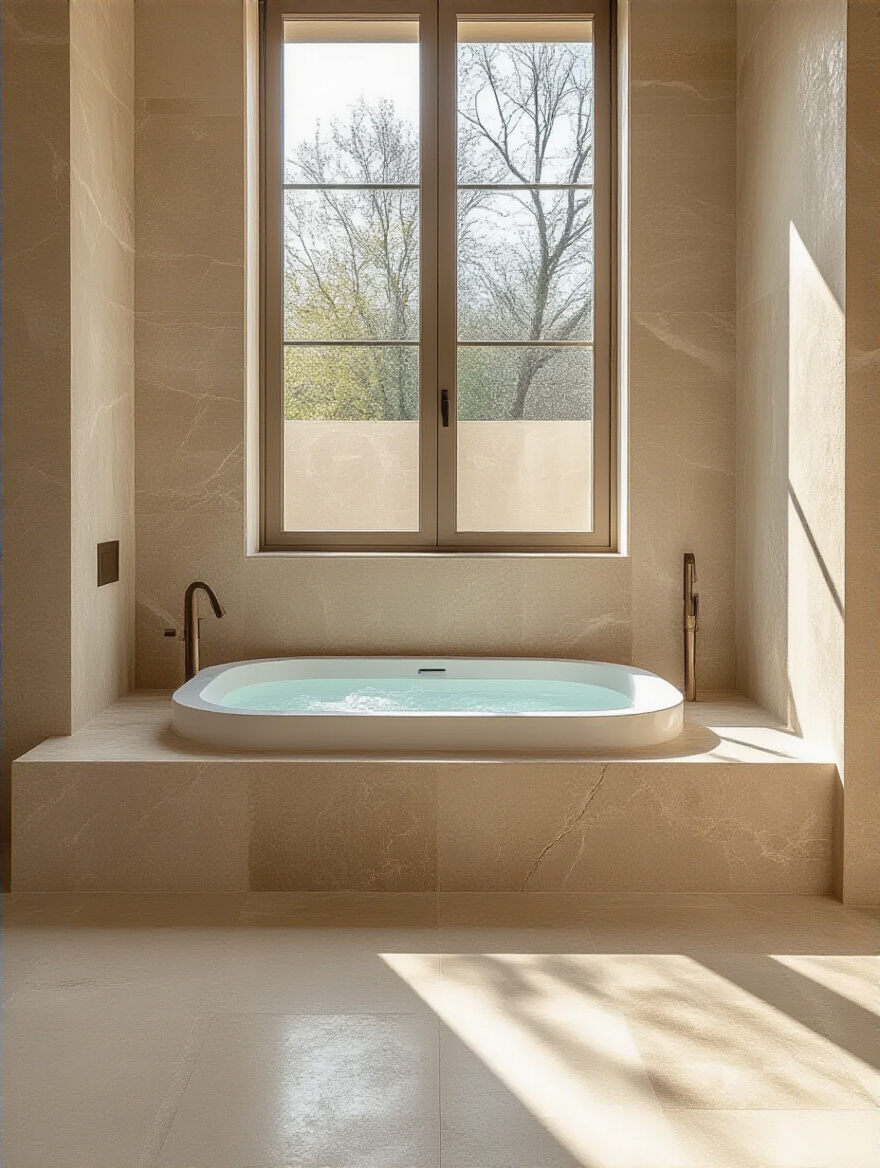 Elegant bathroom showcasing the versatile use of large-format porcelain tiles mimicking marble on walls and textured ceramic subway tiles in a shower area, highlighting different finishes.