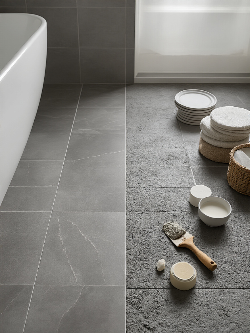 A split image depicting a perfectly installed bathroom tile floor on one side and organized tiling tools and materials on the other, illustrating the choice between professional and DIY tile installation.