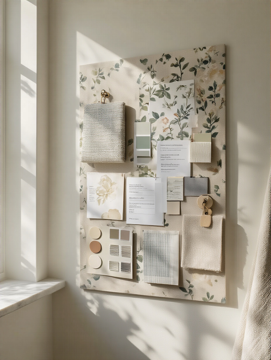 Portrait view of a bathroom mood board with wallpaper swatches, color chips, and fabric textures