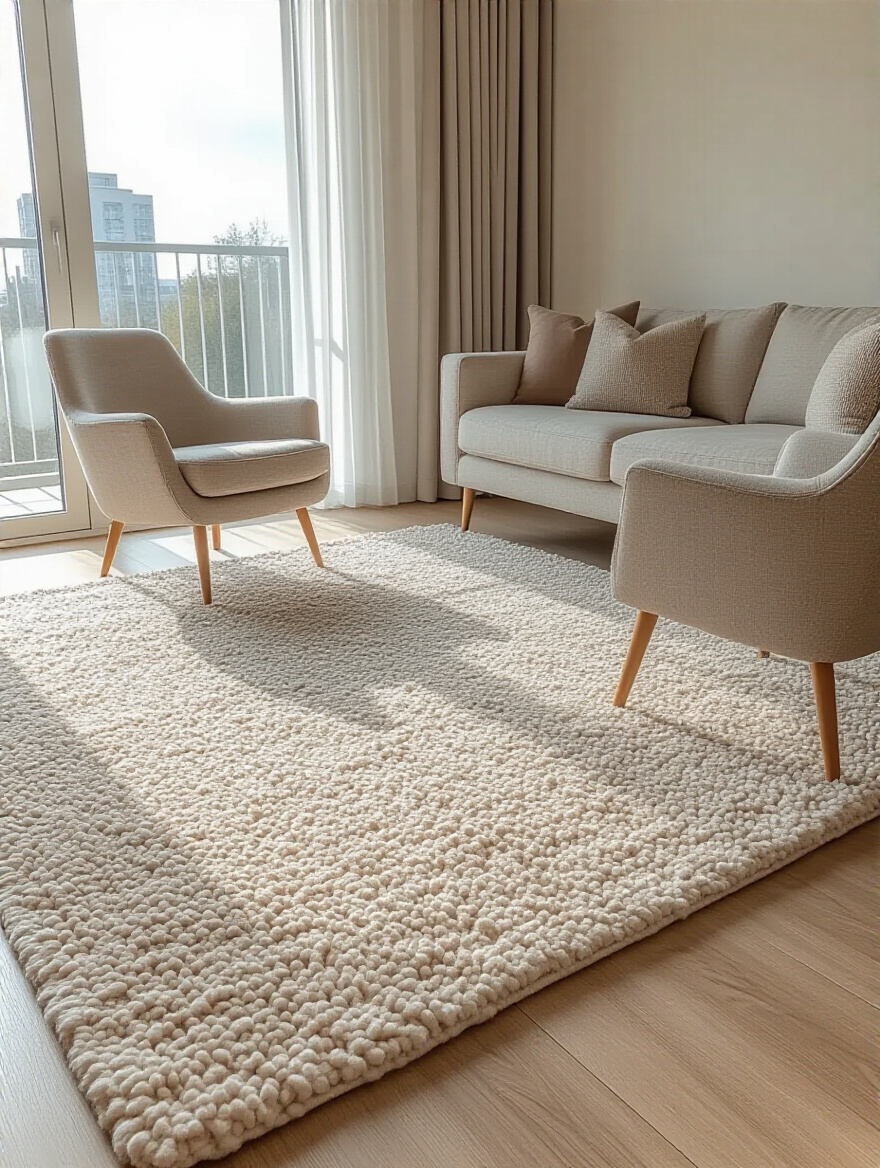 An area rug grounding a sofa and two chairs in a modern apartment living room, defining the space and adding warmth.