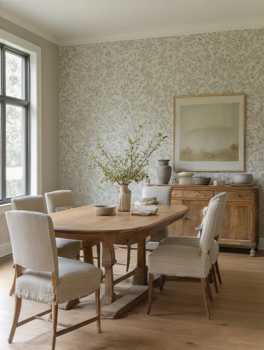 Portrait dining room showing cohesive wallpaper with existing furniture and decor