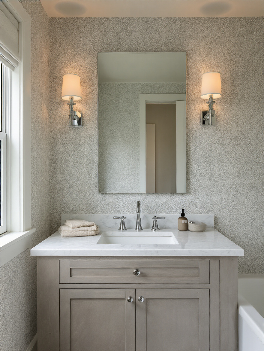 Portrait bathroom scene showing cohesive wallpaper patterns with fixtures and tiles