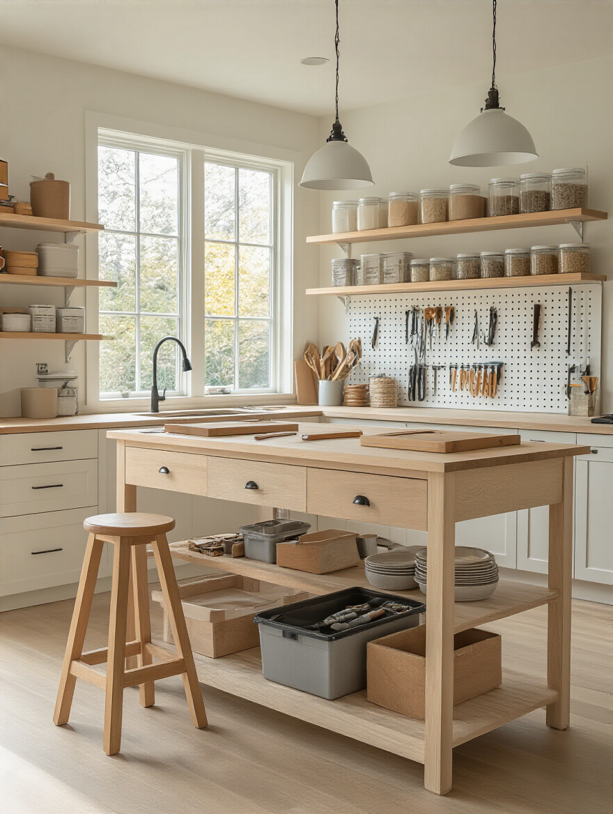 Portrait-style kitchen renovation workspace ready for DIY tasks, no people, organized tools, warm lighting