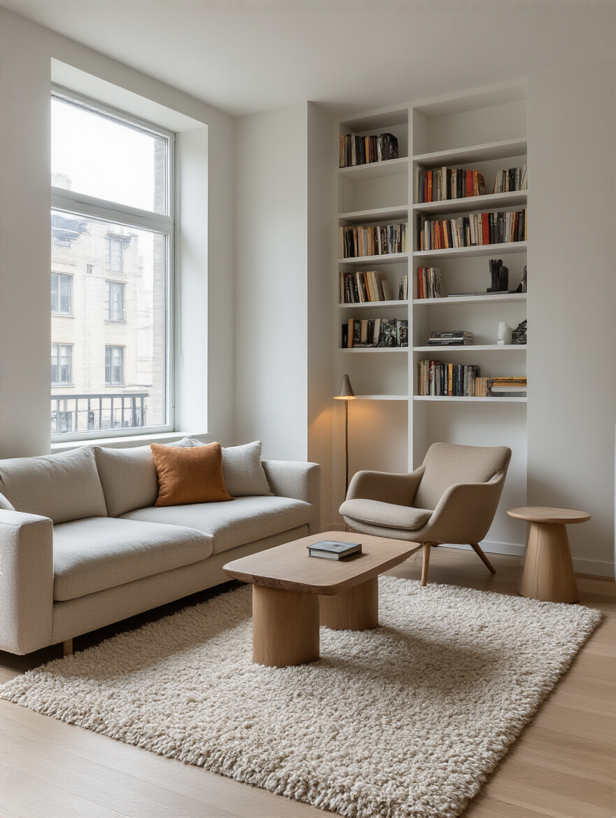Modern apartment living room with distinct areas, showing a seating zone and a reading nook defined by a rug and bookshelf.