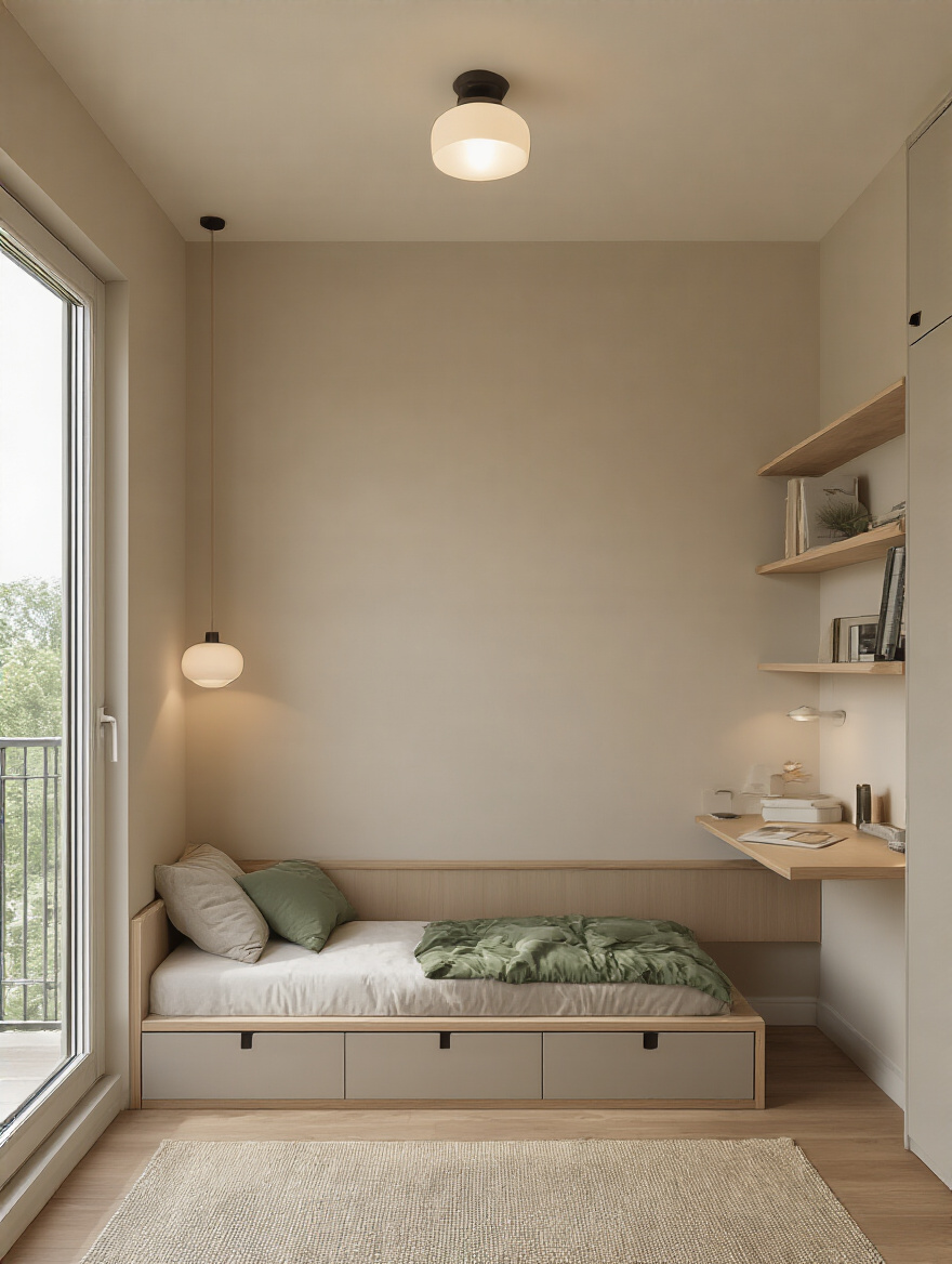 Vertical view of a small bedroom with clearly defined sleep and work zones